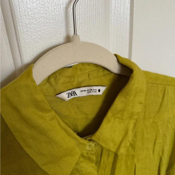 ZARA Chartreuse/ Lime green Linen Shirt Dress XXL - Picture 5 of 9